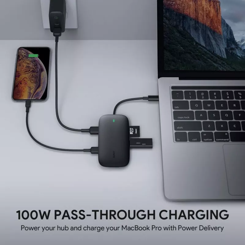 Sülearvuti dokkimisjaam AUKEY CB-C71 — 3× USB-C (USB 3.2 Gen1), HDMI, RJ‑45, MicroSD, USB PD 100W, 0,15 m kaabel, must