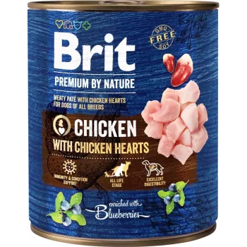 Märg koeratoit Brit Premium by Nature kana südametega 800 g purk — täiskasvanud koertele, niiskusesisaldus 78%, valk 8%, rasv 6%