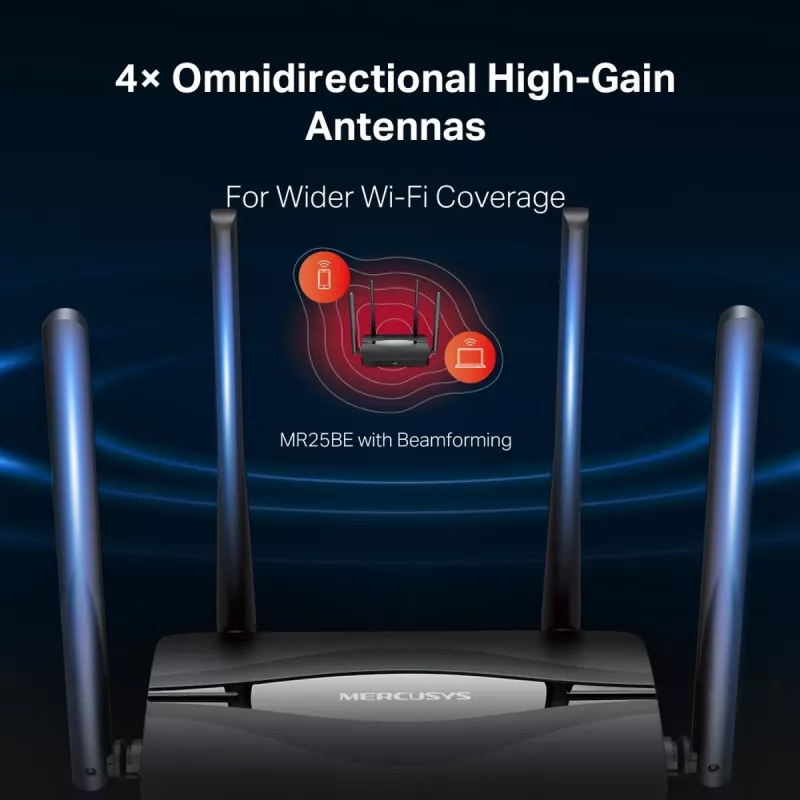 Lauapealne ruuter MERCUSYS MR25BE EasyMesh Wi‑Fi 7 kaheribaline 2,4/5 GHz, 3600 Mbps, 3× Gigabit LAN, 4 välist antenni