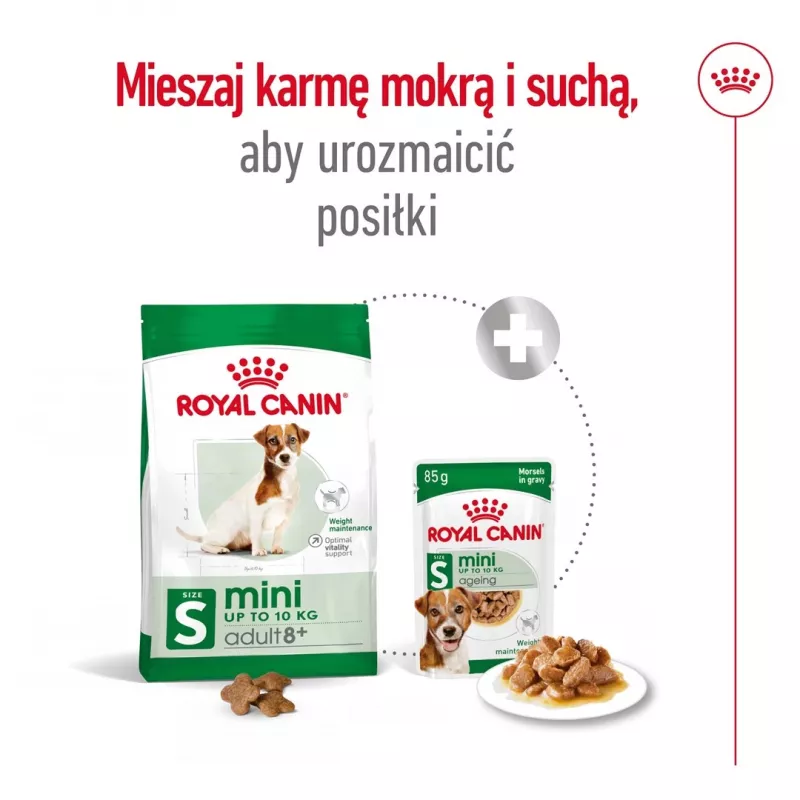 Kuiv koeratoit Royal Canin Mini Adult 8+ 2 kg — väikesed tõud 5–10 kg, linnuliha, kehakaalu kontrolli valem