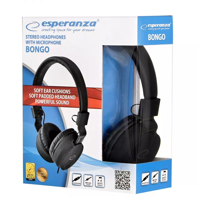 Kõrvaklapid ESPERANZA BONGO EH212K — juhtmega, peapael, 20–20000 Hz, 1,5 m kaabel, must