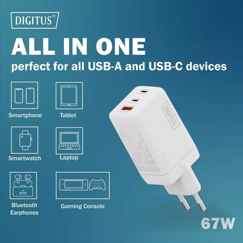 Seinalaadija DIGITUS DA-10303 67W GaN, 2× USB-C + 1× USB-A, 100–240V, valge