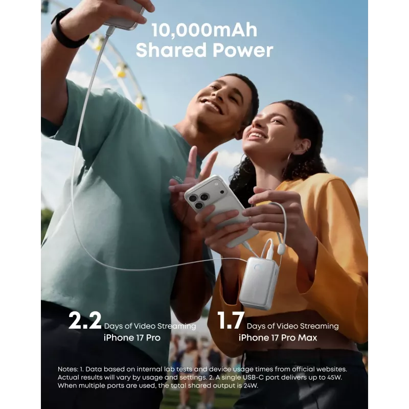 Akupank Anker A1638 10000 mAh, 45 W koguväljundvõimsus, valge, sisseehitatud sissetõmmatav USB-C kaabel