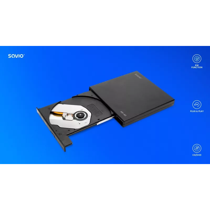 Väline õhuke DVD±RW-seade SAVIO AK-43, USB 2.0, must, toetab CD/DVD lugemist/kirjutamist (24x CD, 8x DVD)
