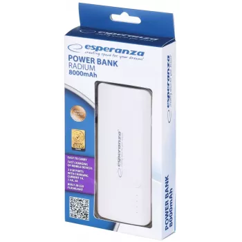 Portable charger Esperanza EMP106WE Radium — 8000 mAh, 3-seadme väljund, Micro-USB sisend, 5V/2A & 5V/1.5A/1A väljundid, hall