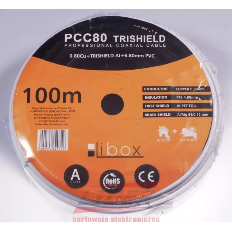 Koaksiaalkaabel LIBOX PCC80 RG-6/U 100 m, FEP-mantel, 0,8 mm vaskjuht, alumiiniumvarjestus, valge