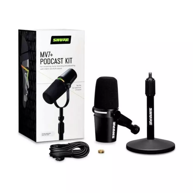 Shure MV7+-K-BNDL - kõnepuldi/vokaalmikrofon XLR/USB-C pesaga, must + lauajalg GATOR