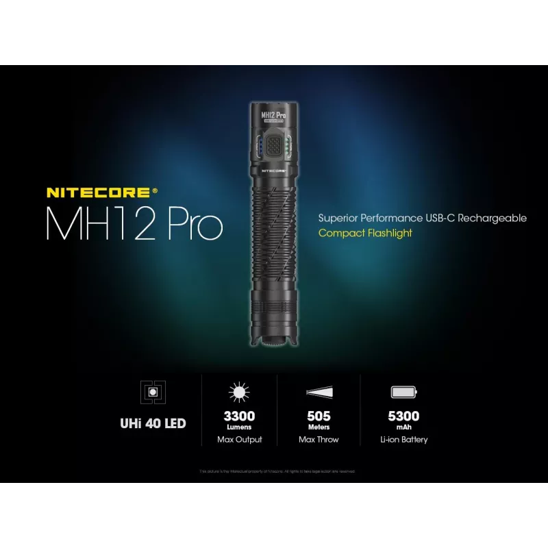 Käsilamp Nitecore MH12 Pro Must LED 3300 lm USB-laetav 5300 mAh, alumiinium, 138,5 mm, 81,5 g, veekindel 2 m