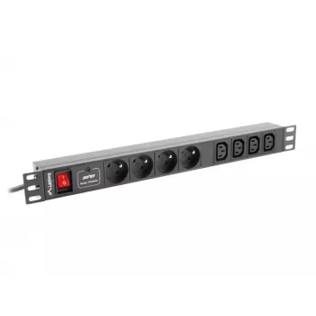 Toitejaotusseade LANBERG PDU-04E04I-0200-BK — 4× C13 pistikupesa, 16 A, 220–250 V, 2 m kaabel, 1U horisontaalne, must