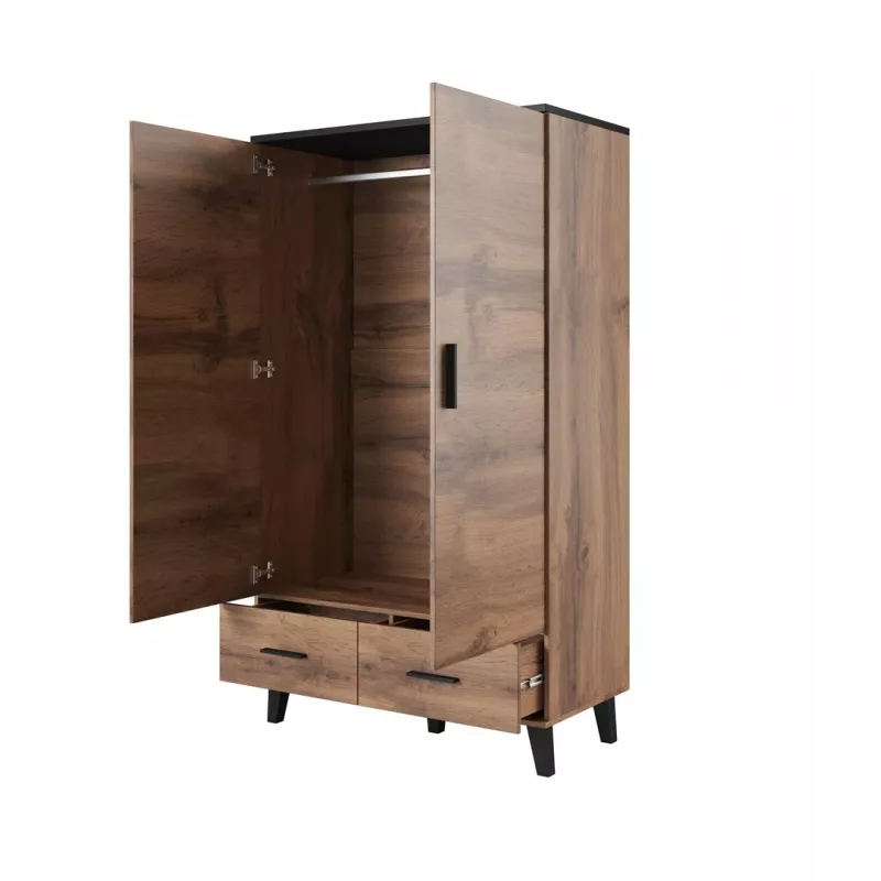 Cama meble LOTTA 2D2D riidekapp, 2 uksega, Wotan tamme raam, matt mustad esiküljed, 1100×550×1900 mm
