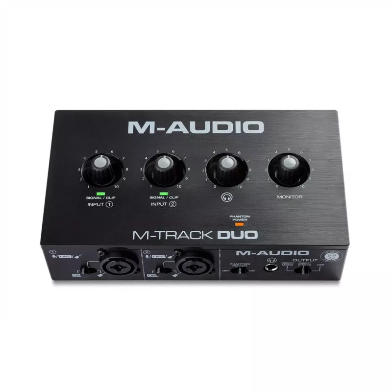 M-Audio M-Track Duo heliliides — USB 2 sisse/2 välja, 16-bit/48 kHz, 1x XLR/TS kombosisend, 1x instrumendisisend, fantoom 48V