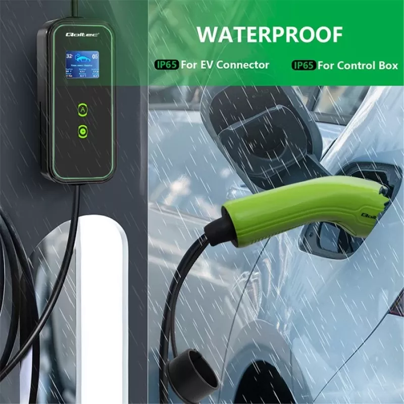 Qoltec mobiilne elektriauto laadija reguleeritav 2in1 Type2 | 7kW | 230V | CEE 3-pistik | Wi-Fi | LCD | kaasaskantav | seinakarp | 5m