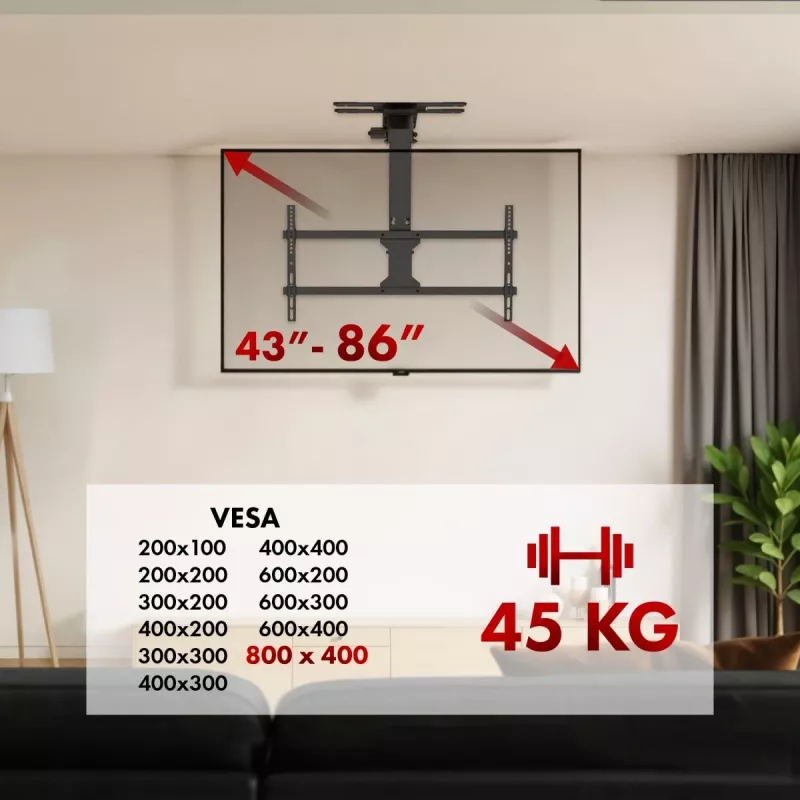 Lakke paigaldatav telerikinnitus MACLEAN MC-109 T VESA 800x400 43–86-tollistele ekraanidele, max koormus 45 kg