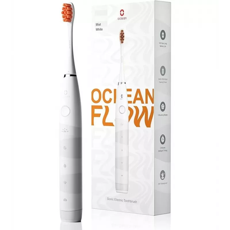 Sonic hambahari OCLEAN FLOW Adult — akutoitel, valgendusrežiim, integreeritud taimer, reguleeritav kiirus, kõrgus 255 mm, valge, 0,13 kg, 1 käepide + 1 harjapea