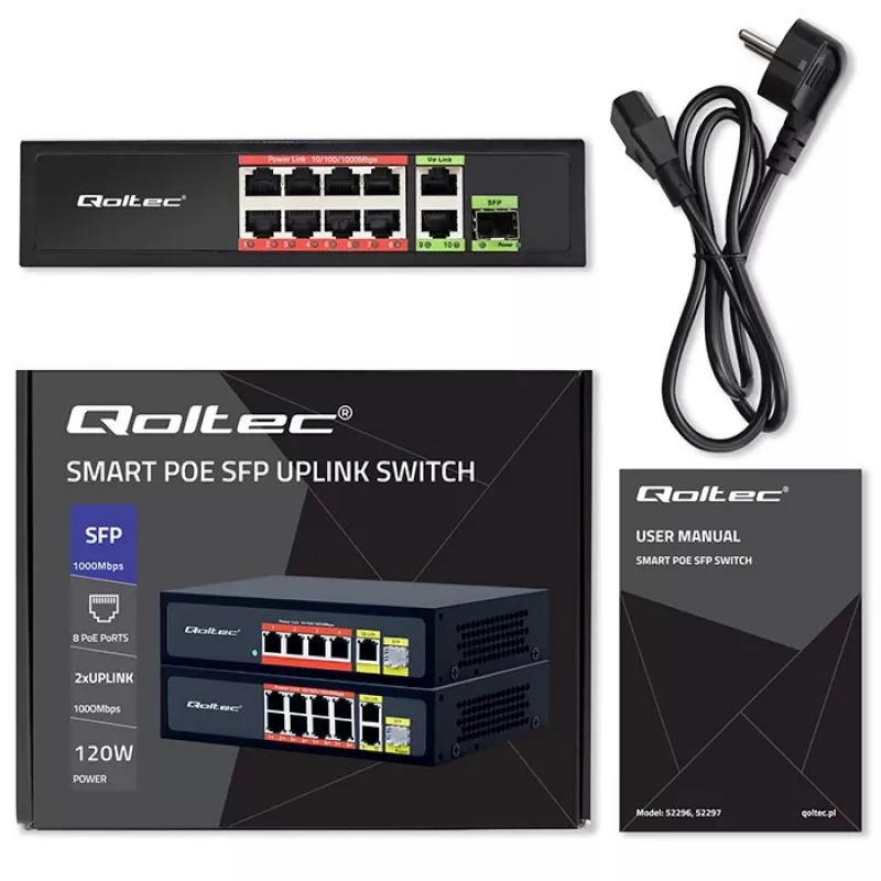 Etherneti kommutaator QOLTEC 52297 PoE RJ45 koos PoE üleslingi ja SFP-pordiga