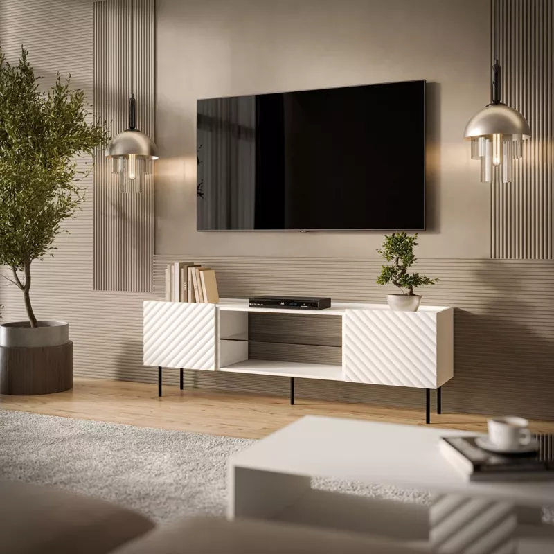 TV-kapp cama meble LUCCA 180x40x59 cm — valge puitlaastplaadist pealispind, valge raam