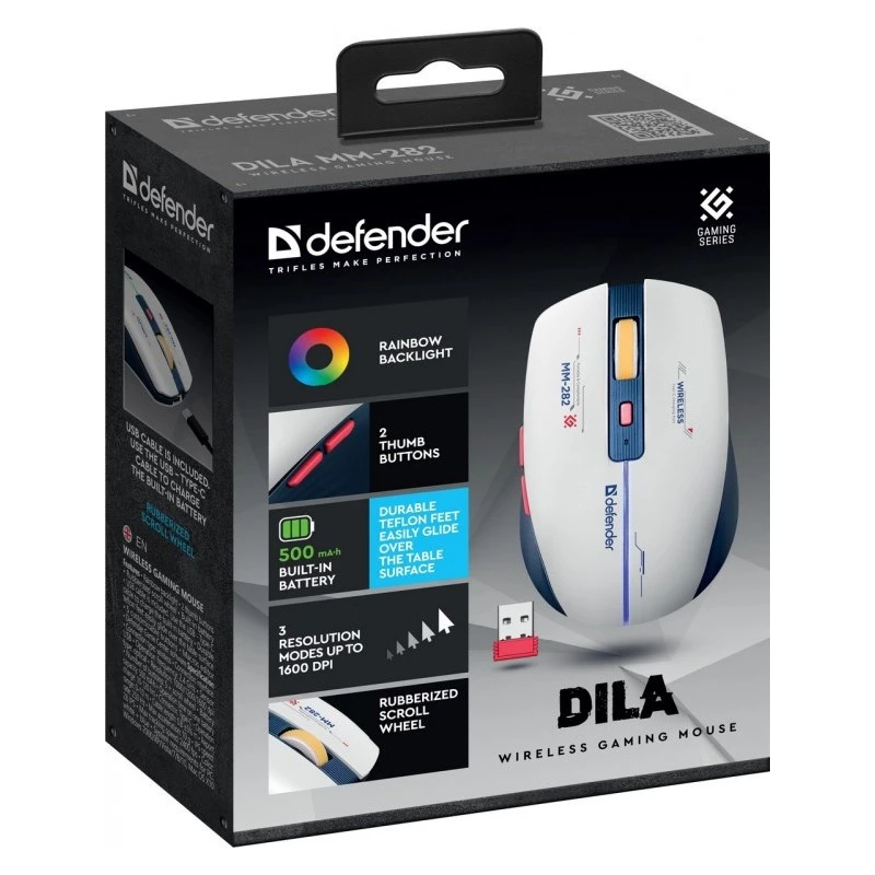 Juhtmevaba mängurihiir DEFENDER MM-282 RF — mõlemakäeline, optiline 1800 DPI, 5 nuppu, USB, akutoitel