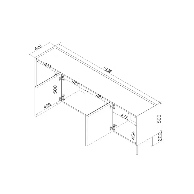 Kummut cama meble FELLINI 2000×400×700 mm, oliiv õlitatud tammepuidust pealispinnaga, MDF-raam