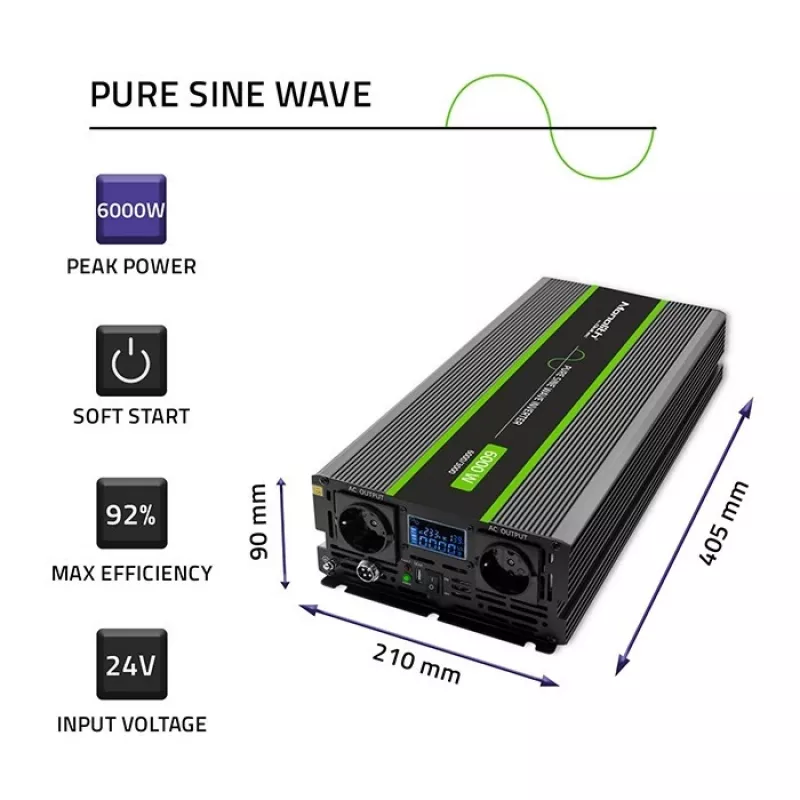 Qoltec 51923 puhta siinuslaine inverter Monolith | 3000W | 6000W | 24V kuni 230V | LCD