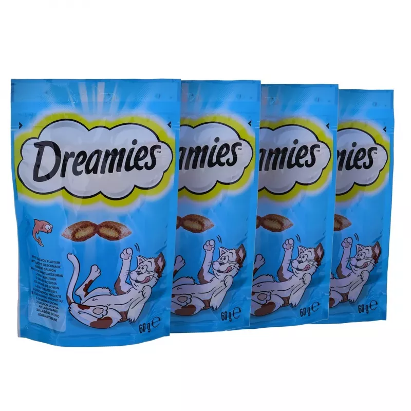 Kassimaiused Dreamies Juust, Kana, Lõhe assortii 12×60 g — lihased tahked snäkid, Valk 31%, Rasv 21%