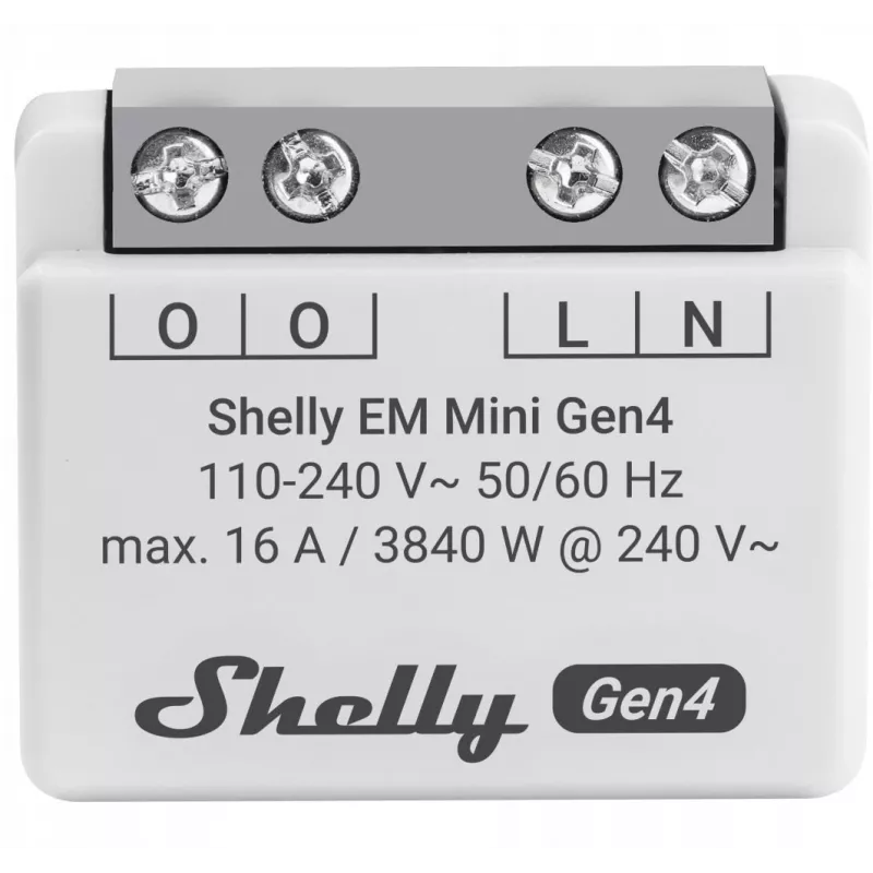 Nutirelee Shelly Relay EM Mini Gen4 1-kanaliline Wi‑Fi Matter Zigbee Bluetooth 8A, 110–240 V, energiamõõtur