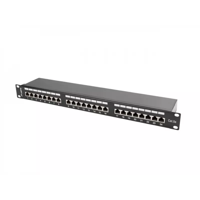 Patch-paneel 1U LANBERG PPS5-1024-B — 24-port RJ-45 Cat5, metallist, must, riiulile paigaldatav