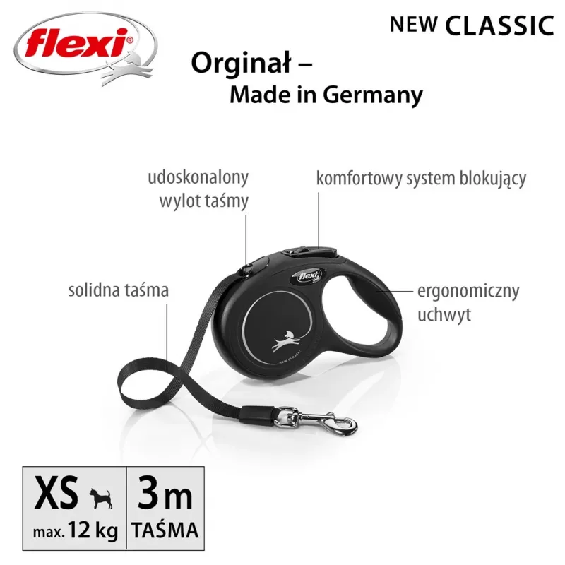 Sissetõmmatav rihm Flexi New Classic Cat XS 3 m — nöörrihm väikestele lemmikloomadele, must, max koormus 8 kg