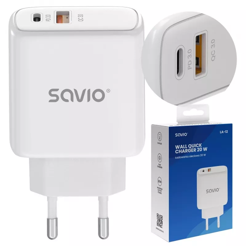 Savio LA-12 mobiilseadme laadija universaalne valge AC kiirlaadimine