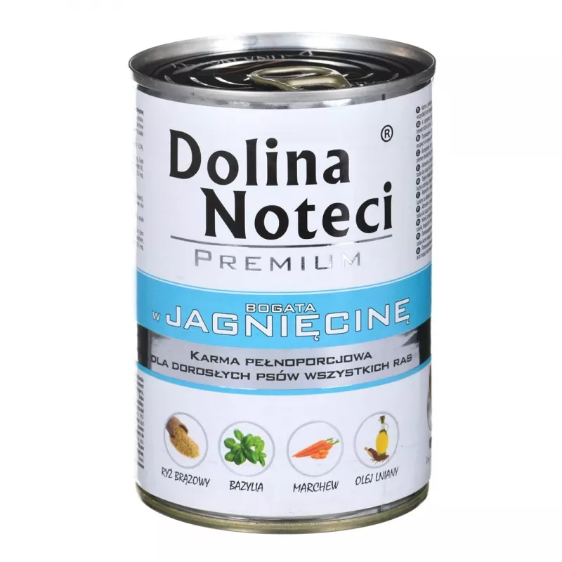 Märg koeratoit dolina noteci Premium Rich in lamb 400 g — täisväärtuslik konservtoit täiskasvanud koertele, 75% niiskust, 12% valku