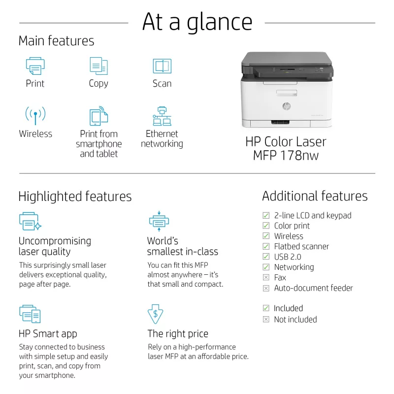Multifunktsionaalne laserprinter HP Color Laser MFP 178nw — Värviprintimine, A4, 18 ppm (M/V), Wi‑Fi, Ethernet, Dupleksskaneerimine