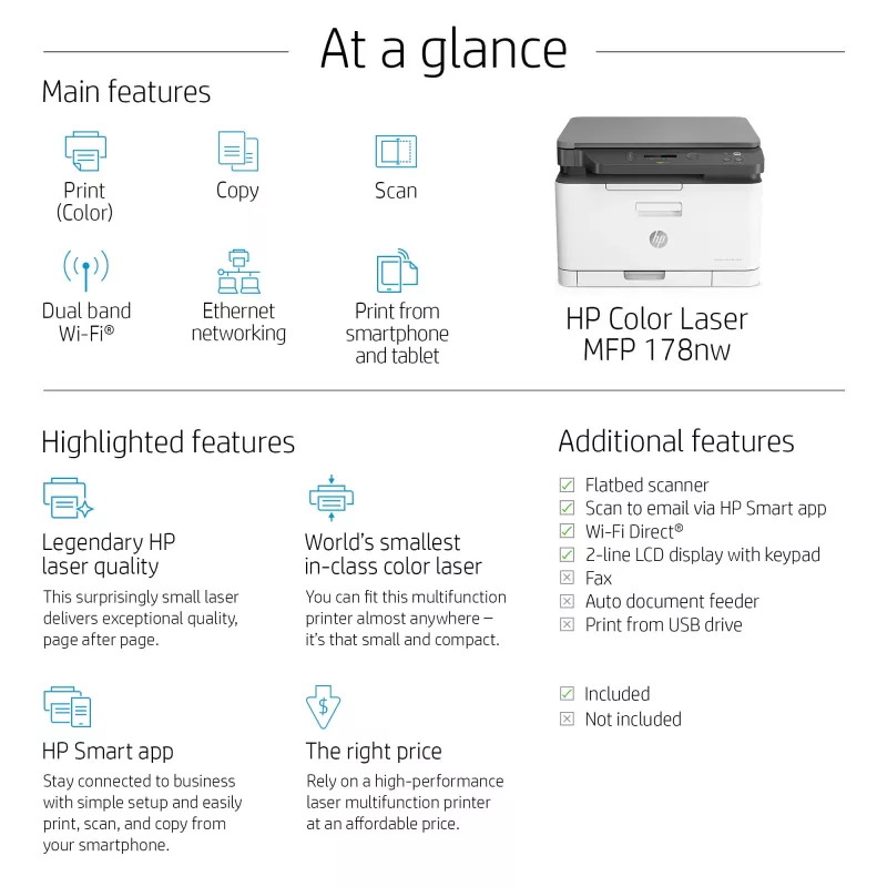 Multifunktsionaalne laserprinter HP Color Laser MFP 178nw — Värviprintimine, A4, 18 ppm (M/V), Wi‑Fi, Ethernet, Dupleksskaneerimine