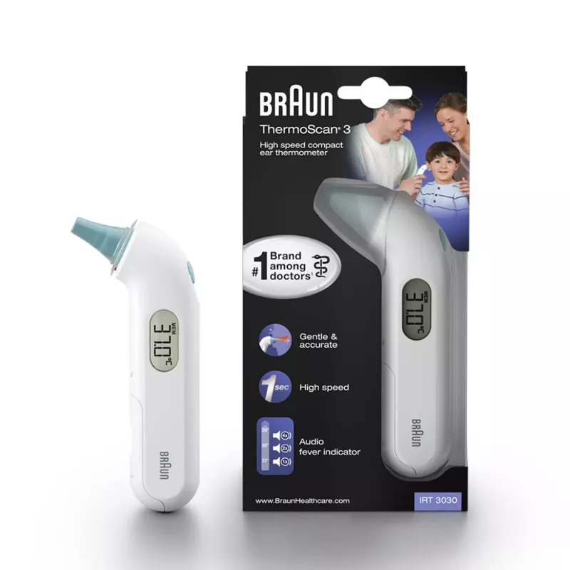Kontakt-kõrvatermomeeter BRAUN ThermoScan 3 IRT3030 — mõõtmine 34–42,2 °C, 1 s, LCD, piiksur, valge