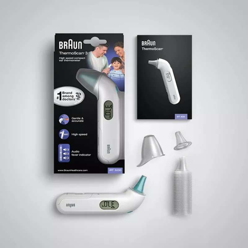 Kontakt-kõrvatermomeeter BRAUN ThermoScan 3 IRT3030 — mõõtmine 34–42,2 °C, 1 s, LCD, piiksur, valge