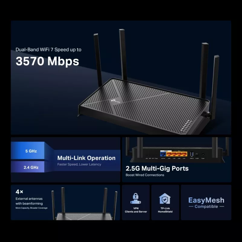 TP-Link Archer BE230 traadita ruuter 2,5 Gigabit Ethernet kaheribaline (2,4 GHz / 5 GHz) Must