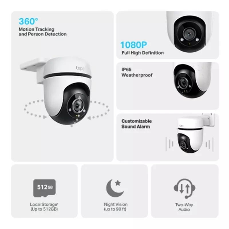 TP-Link Tapo väliturbekaamera pöörde- ja kallutusfunktsiooniga, IP-turvakaamera, sise- ja välitingimustesse, juhtmevaba, Amazon Alexa ja Google Assistant, sisemine, CE, FCC, RoHS, RCM