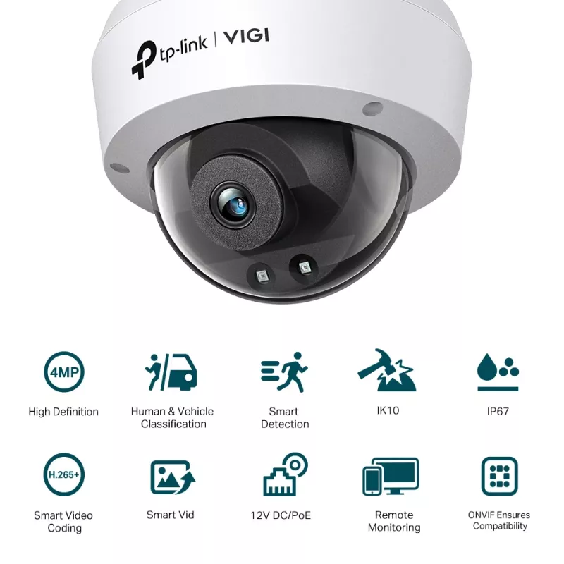 TP-Link VIGI 4MP IR Dome võrgukaamera, IP turvakaamera, sise- ja välistingimustesse, juhtmega, CE, BSMI, VCCI, ONVIF, lagi/seinale, must, valge