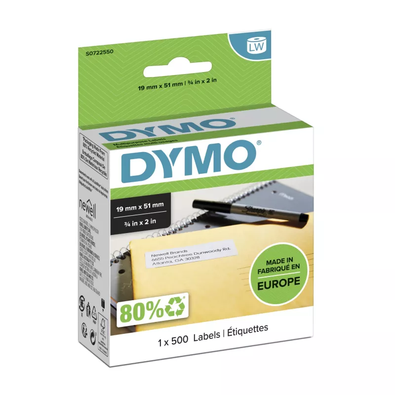DYMO Authentic LabelWriter väikesed universaalsed sildid | 19 mm x 51 mm | isekleepuvad | 500 tk rull | kergesti eemaldatavad sildid | LabelWriteri sildivalmistajatele | valmistatud Euroopas