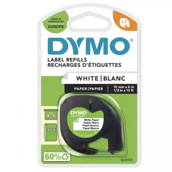 DYMO LetraTag pabersildid | Originaal | 12 mm x 4 m rull | Must trükk valgel | Isekleepuvad universaalsed sildid LetraTag sildimasinatele | Valmistatud Euroopas