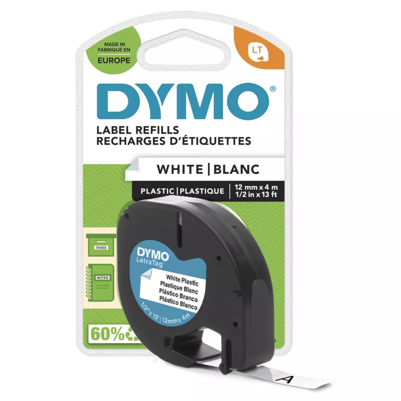 DYMO kaubamärgiga LetraTag kilesildid | 12 mm x 4 m rull | must trükk valgetel siltidel | mitmeotstarbelised isekleepuvad sildid LetraTag sildivalmistajatele | 1 tk