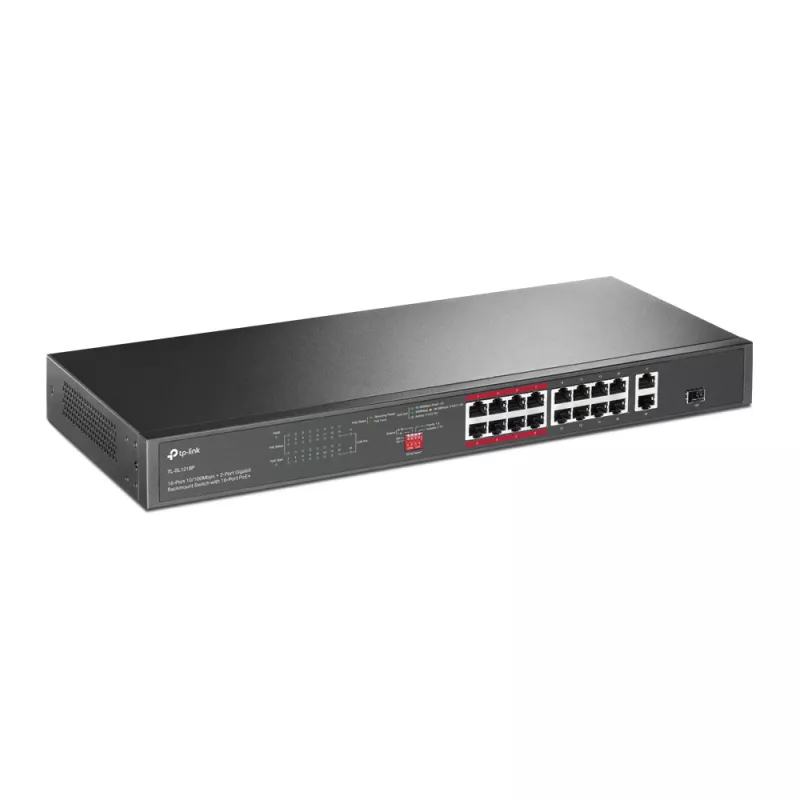 TP-Link 16-port 10/100 Mbps + 2-port Gigabit riiulile paigaldatav PoE-lüliti 16 PoE+ pordiga
