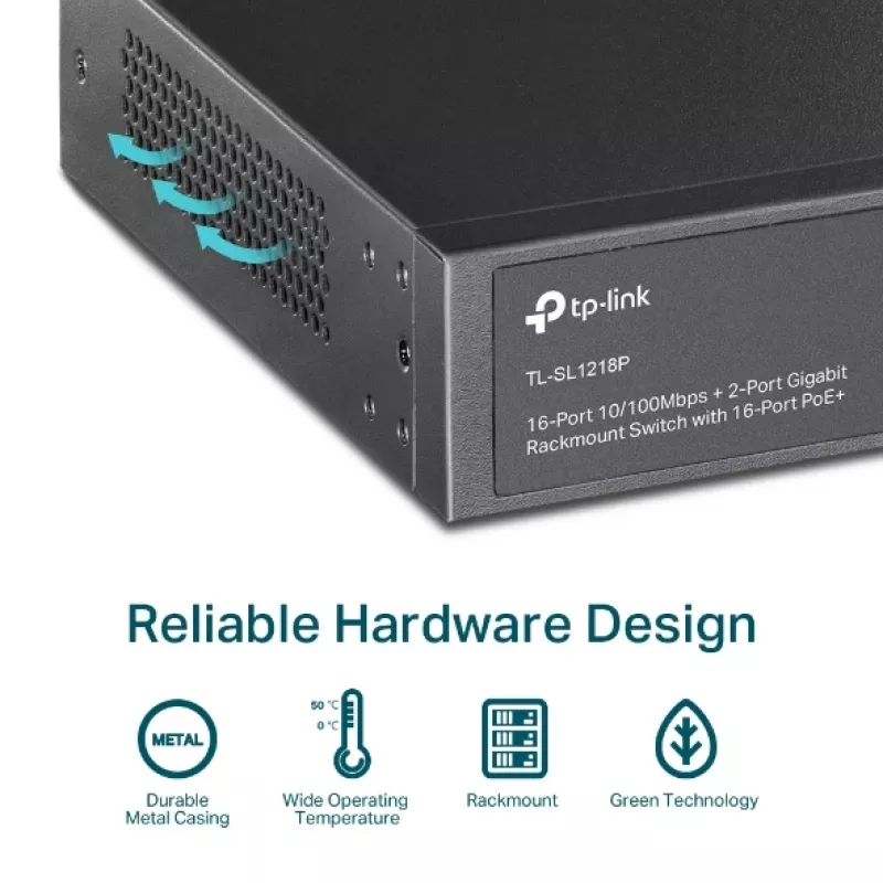 TP-Link 16-port 10/100 Mbps + 2-port Gigabit riiulile paigaldatav PoE-lüliti 16 PoE+ pordiga
