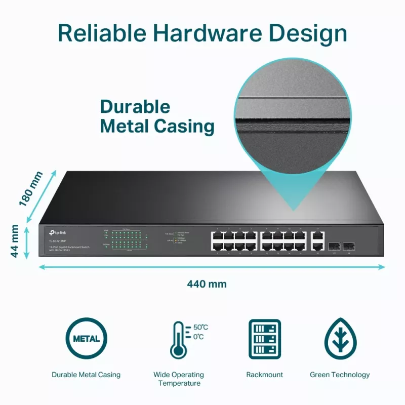 TP-Link 18-port Gigabit riiulisse paigaldatav lüliti 16 PoE+-ga, haldamata, Gigabit Ethernet (10/100/1000), täisdupleks, Power over Ethernet (PoE), riiulisse paigaldamine, 1U