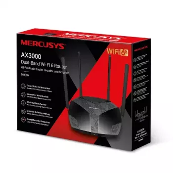 Laualine ruuter MERCUSYS MR80X — Kaheribaline Wi‑Fi 6 (802.11ax), 3000 Mbps, 4 välist antenni, 3 Gigabit LAN-porti