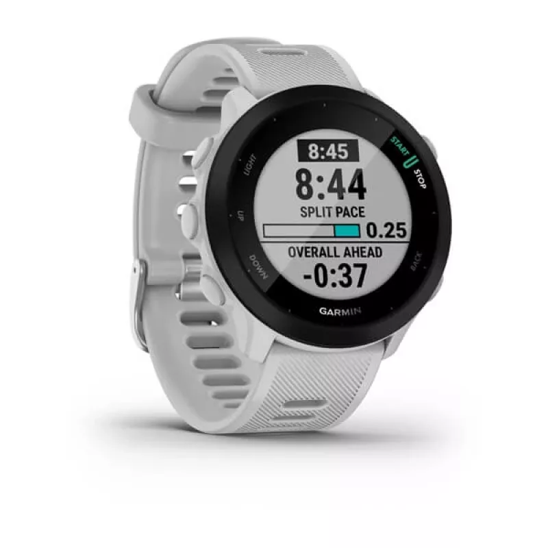 Nutikell GARMIN Forerunner 55 — 42 mm ümmargune spordikell, GPS/GLONASS/Galileo, 14-päevane aku, 5 ATM, valge silikoonrihm
