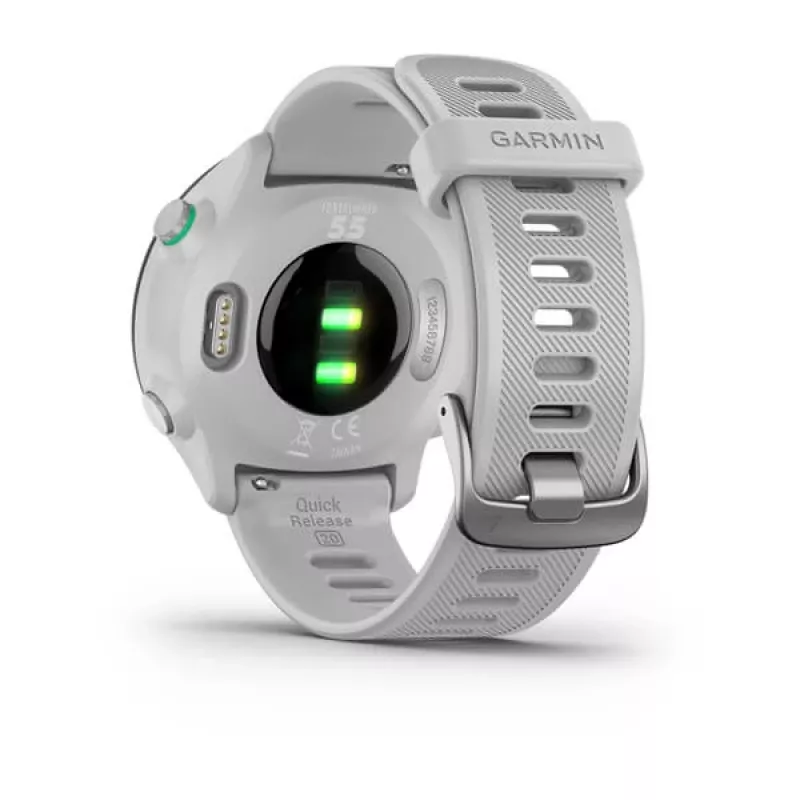 Nutikell GARMIN Forerunner 55 — 42 mm ümmargune spordikell, GPS/GLONASS/Galileo, 14-päevane aku, 5 ATM, valge silikoonrihm