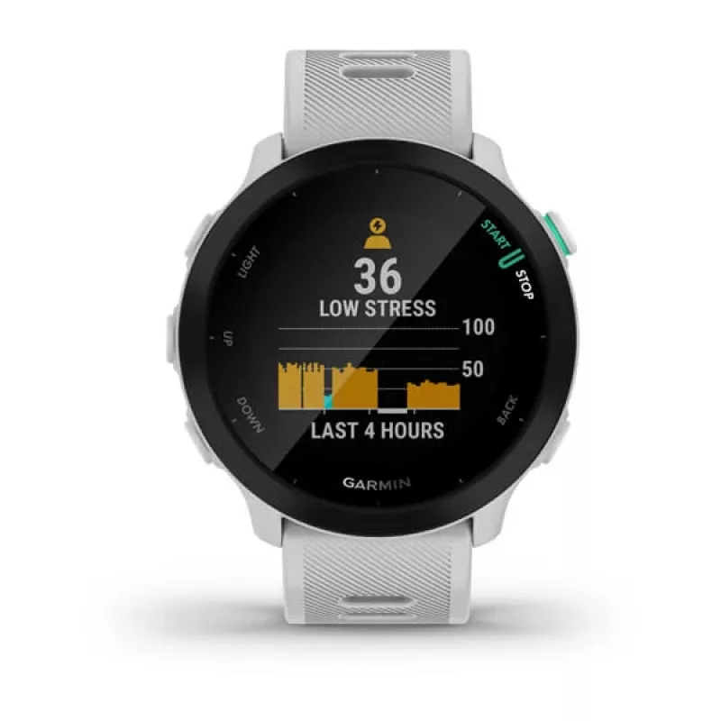 Nutikell GARMIN Forerunner 55 — 42 mm ümmargune spordikell, GPS/GLONASS/Galileo, 14-päevane aku, 5 ATM, valge silikoonrihm