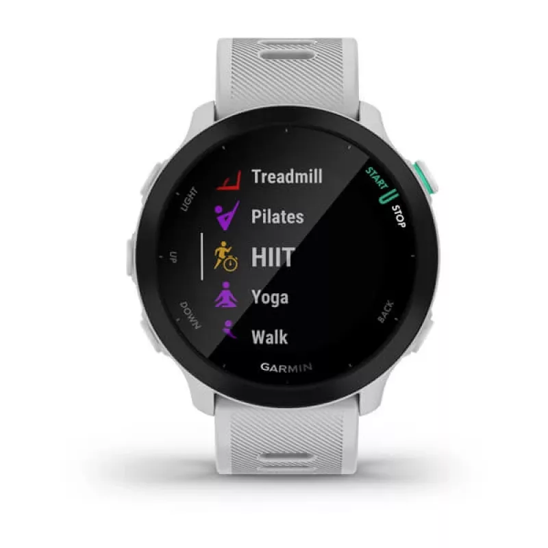 Nutikell GARMIN Forerunner 55 — 42 mm ümmargune spordikell, GPS/GLONASS/Galileo, 14-päevane aku, 5 ATM, valge silikoonrihm