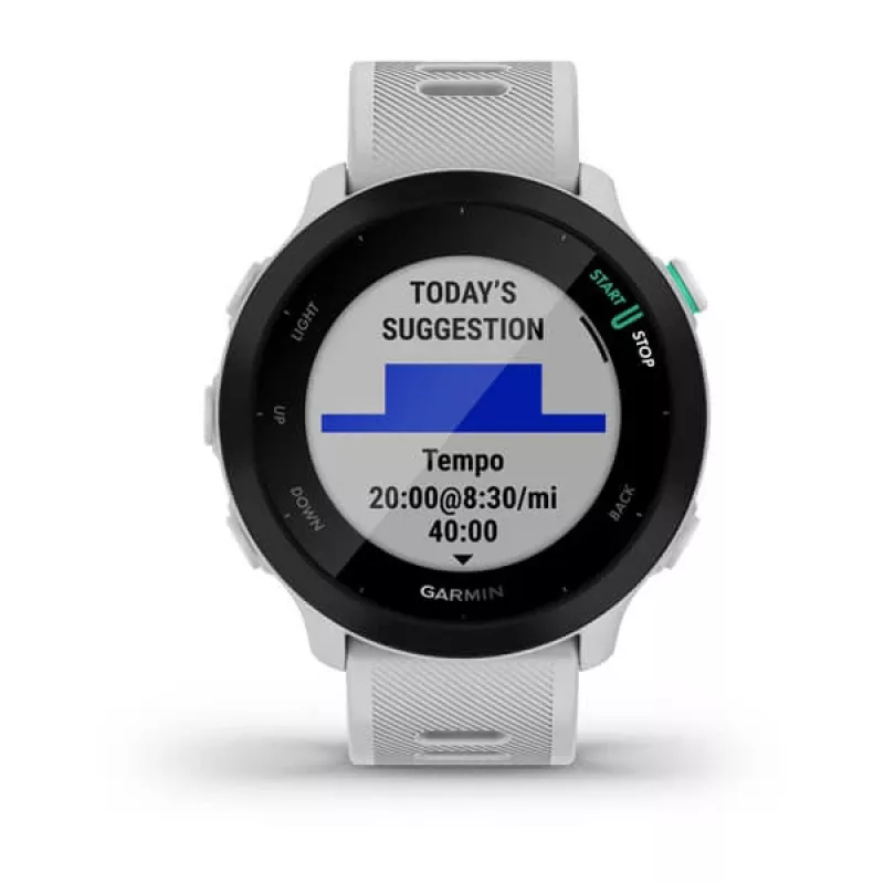 Nutikell GARMIN Forerunner 55 — 42 mm ümmargune spordikell, GPS/GLONASS/Galileo, 14-päevane aku, 5 ATM, valge silikoonrihm