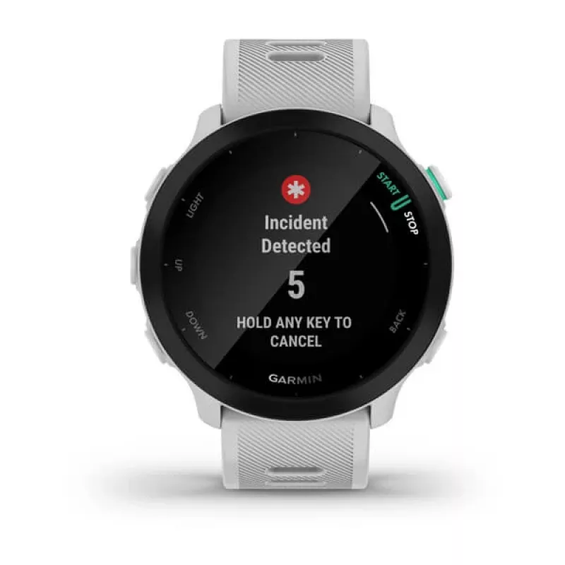 Nutikell GARMIN Forerunner 55 — 42 mm ümmargune spordikell, GPS/GLONASS/Galileo, 14-päevane aku, 5 ATM, valge silikoonrihm