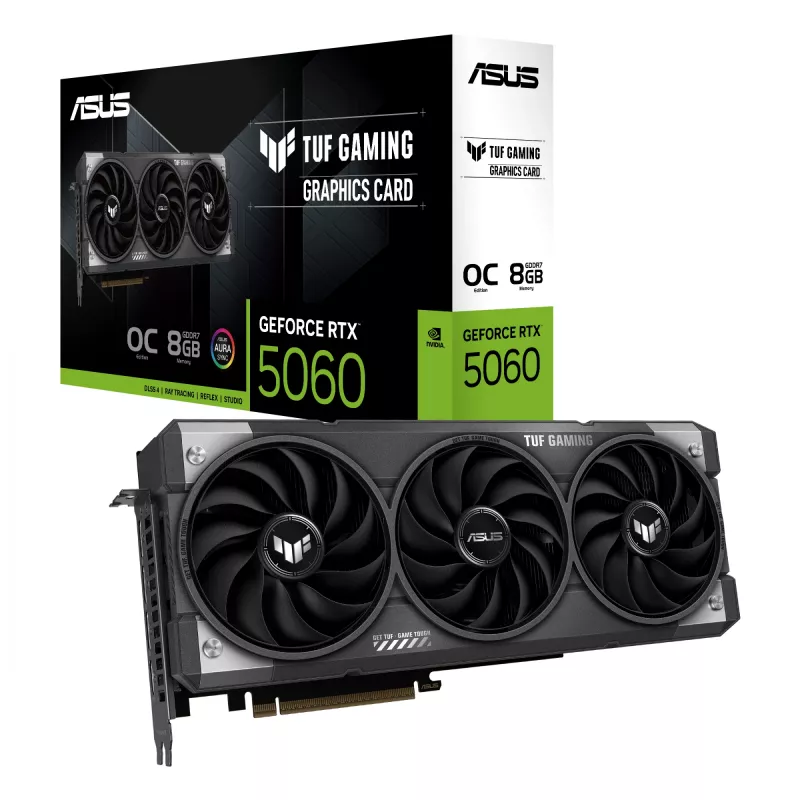 Videokaart ASUS GeForce RTX 5060 8 GB GDDR7 PCIe 5.0, 3840 CUDA, OC, 3x DisplayPort 2.1b + HDMI 2.1b, 302 mm, 3-slot